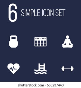 Set Of 6 Training Icons Set.Collection Of Dumbbell, Date, Hartbeat And Other Elements.