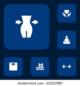 Set Of 6 Training Icons Set.Collection Of Basin, Slimming, Heart In Hand Elements.