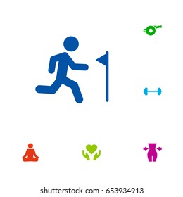 Set Of 6 Training Icons Set.Collection Of Running, Heart In Hand, Meditate Elements.