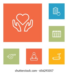 Set Of 6 Training Outline Icons Set.Collection Of Diet, Calendar, Yoga And Other Elements.