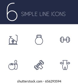 Set Of 6 Training Outline Icons Set.Collection Of Dumbbell, Kettlebells, Workout And Other Elements.