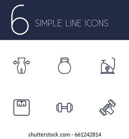 Set Of 6 Training Outline Icons Set.Collection Of Scales, Dumbbell, Workout And Other Elements.