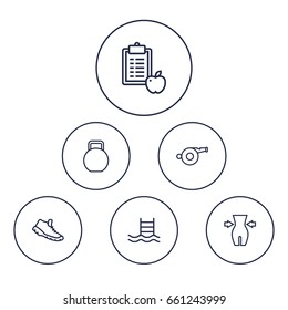 Set Of 6 Training Outline Icons Set.Collection Of Pool, Kettlebells, Weight Loss And Other Elements.