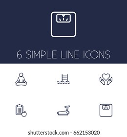 Set Of 6 Training Outline Icons Set.Collection Of Yoga, Pool, Health Care And Other Elements.