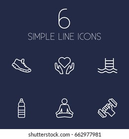 Set Of 6 Training Outline Icons Set.Collection Of Water Bottle, Pool, Health Care And Other Elements.