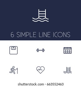 Set Of 6 Training Outline Icons Set.Collection Of Scales, Training, Barbell And Other Elements.