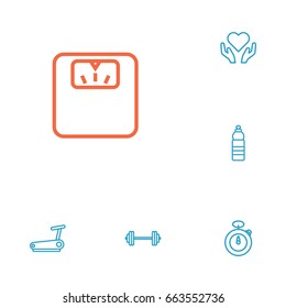 Set Of 6 Training Outline Icons Set.Collection Of Stopwatch, Scales, Water Bottle And Other Elements.