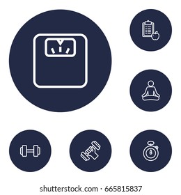 Set Of 6 Training Outline Icons Set.Collection Of Scales, Dumbbell, Stopwatch And Other Elements.