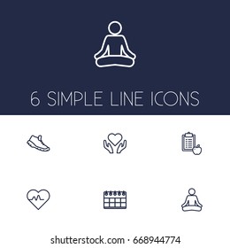 Set Of 6 Training Outline Icons Set.Collection Of Yoga, Health Care, Trekking Shoes And Other Elements.