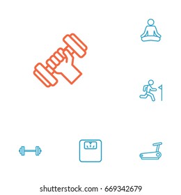 Set Of 6 Training Outline Icons Set.Collection Of Workout, Scales, Barbell And Other Elements.