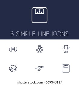 Set Of 6 Training Outline Icons Set.Collection Of Stopwatch, Health Care, Weight Loss And Other Elements.