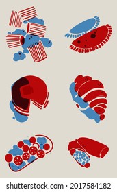 A Set Of 6 Translucent Icons For The Menu Of Cafes, Grocery Stores. Illustration With Fast And Street Food And Sweets. Fried And Delicious Meals, Breakfasts, Lunches And Dinners. Minimalist Design.