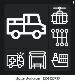 Set Of 6 Transport Outline Icons Such As Boat, Bus Stop, Ambulance, Pickup Truck, Gear Shift