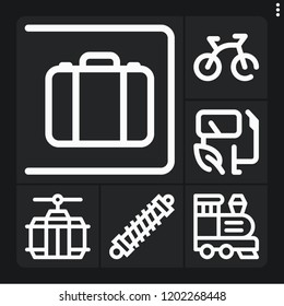 Set of 6 transport outline icons such as bike, biofuel, train, shock absorber, cable car cabin