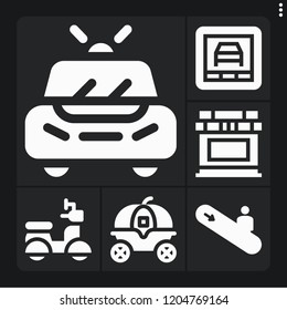 Set of 6 transportation filled icons such as scooter, police car, escalator, diagnostic, car battery