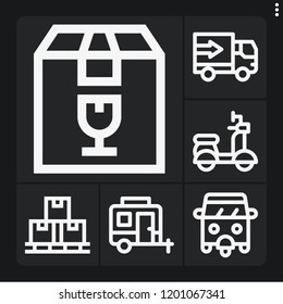 Set of 6 transportation outline icons such as rickshaw, caravan, box, lorry, scooter