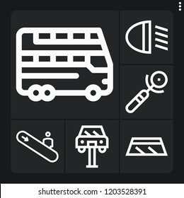 Set of 6 transportation outline icons such as double decker, car light, car repair, windshield, escalator
