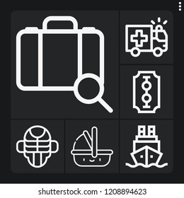 Set of 6 transportation outline icons such as ambulance, ship, luggage, carrycot, blade