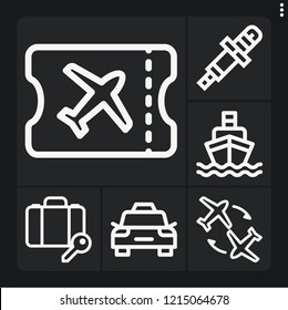 Set of 6 transportation outline icons such as ship, luggage, flight, boarding pass, spark plug