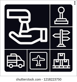 Set of 6 transportation outline icons such as gearshift, wash, box, road sign, airport