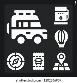 Set of 6 travel filled icons such as fuel, compass, jeep, hot air balloon, map