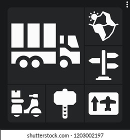 Set of 6 travel filled icons such as scooter, road sign, delivery truck, iceberg, thor