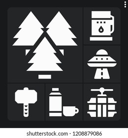 Set of 6 travel filled icons such as fuel, cable car cabin, thor, ufo, forest