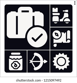 Set of 6 travel filled icons such as arch, scooter, luggage, treasure map, sun