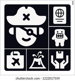 Set of 6 travel filled icons such as shipping, volcano, domo kun, duty free, passport