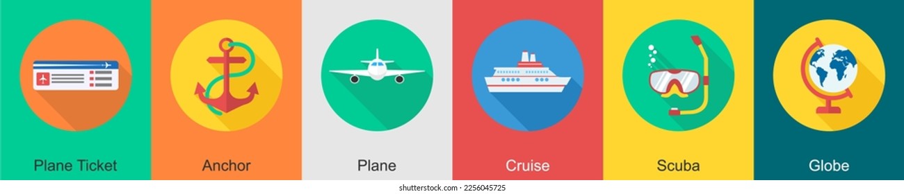 A set of 6 travel icons as plane ticket, anchor, plane