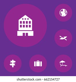 Set Of 6 Travel Icons Set.Collection Of Suitcase, Building, Planet And Other Elements.