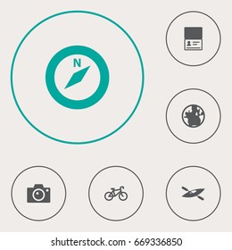 Set Of 6 Travel Icons Set.Collection Of Photo Apparatus, Bike, Planet And Other Elements.