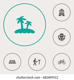 Set Of 6 Travel Icons Set.Collection Of Palm, Building, Traveler And Other Elements.