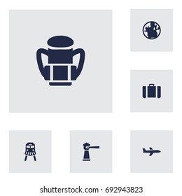 Set Of 6 Travel Icons Set.Collection Of Rucksack, Suitcase, Aircraft And Other Elements.