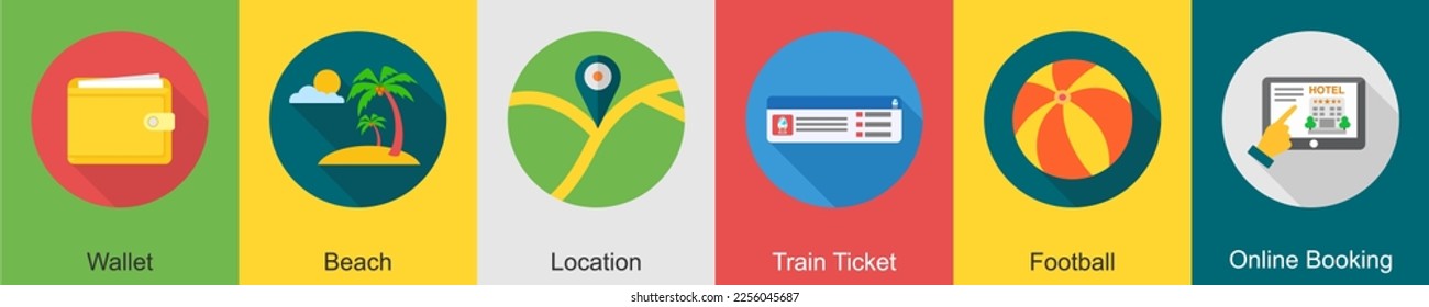 A set of 6 travel icons as wallet, beach, location, train ticket