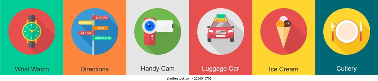 A set of 6 travel icons as wrist watch, directions, handy cam