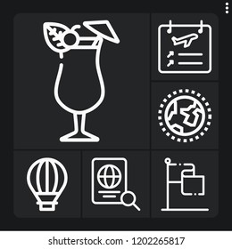 Set of 6 travel outline icons such as gps, mai thai, hot air balloon, worldwide, departures