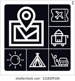 Set of 6 travel outline icons such as sun, digital map, landslide, boarding pass, room service