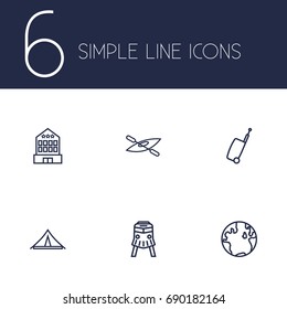 Set Of 6 Travel Outline Icons Set.Collection Of Building, Globe, Front View Tram And Other Elements.