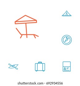 Set Of 6 Travel Outline Icons Set.Collection Of Awning, Suitcase, Compass And Other Elements.