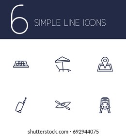 Set Of 6 Travel Outline Icons Set.Collection Of Front View Tram, Parasol, Boat And Other Elements.