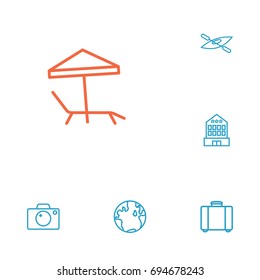 Set Of 6 Travel Outline Icons Set.Collection Of Suitcase, Globe, Parasol And Other Elements.