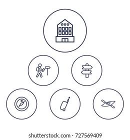 Set Of 6 Travel Outline Icons Set.Collection Of Bag, Boat, Building And Other Elements.