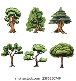 Set of 6 tree vector illustrations used as elements for cartoon-style images.