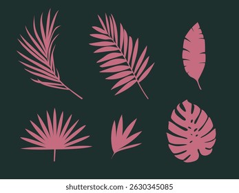 Set of 6 tropical floral vector leaves in a clean, minimal style. Perfect for summer designs, nature themes, botanical prints, and exotic plant illustrations.