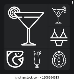 Set of 6 tropical outline icons such as fish, cosmopolitan, cocktail, durian