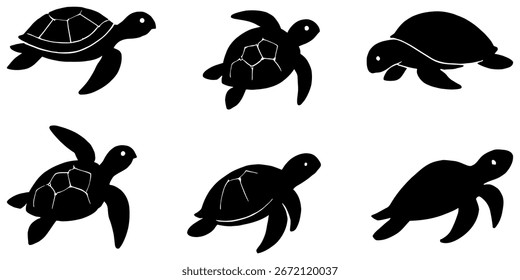 Set of 6 turtle Silhouettes in Different Poses - Vector Illustration