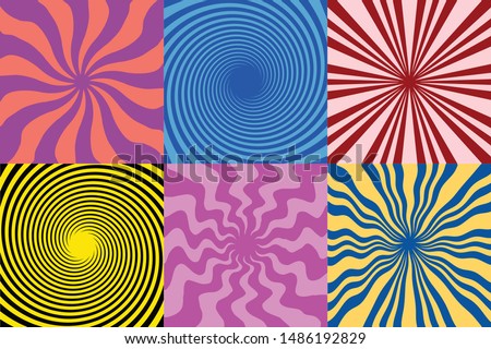 set of 6 Twirl Swirl Sunburst Spin 70s Retro colors abstract  backgrounds Vintage  and spiral sunburst background vectors 