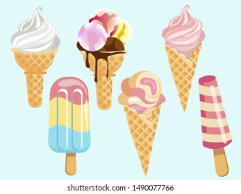 Set of 6 types of ice cream. In minimalist style. Cartoon flat vector illustration