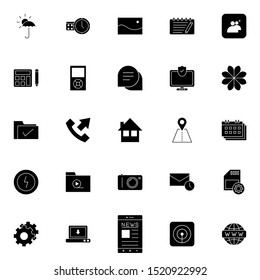 Set 6 of UI and UX icon in solid style. Creative glyph interface symbols for website design and mobile apps. Simple user interface solid icon sign isolated on white background. 25 icons.